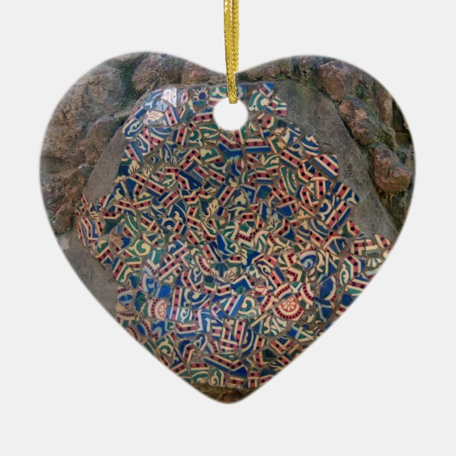 Parc Guell Mosaic Rainbow and Orange Heart Ceramic Ornament (Front)