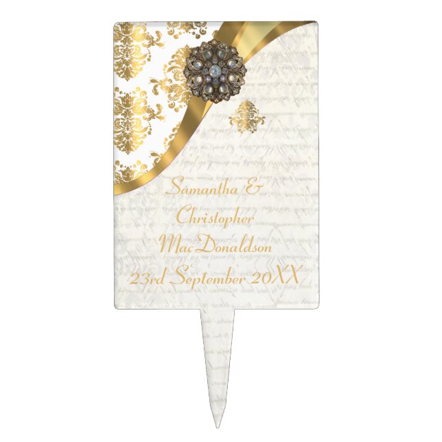 Parchment gold and white damask wedding cake topper (Front)