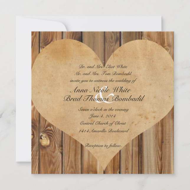 Parchment Heart Wood Country Wedding Invitation (Front)