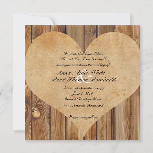 Parchment Heart Wood Country Wedding Invitation