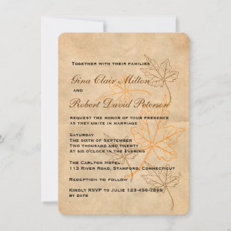Parchment Orange Brown Leaves Vintage Fall Wedding Invitation