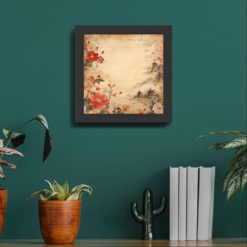 Parchment paper background with oriental Japan Framed Art