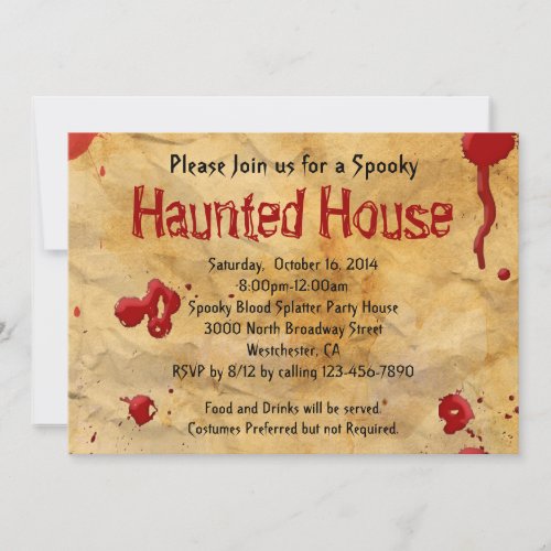 Parchment Paper Blood Splatter Haunted House Invitation