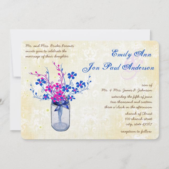 Parchment Pink and Navy Wild Flower Mason Jar Invitation (Front)