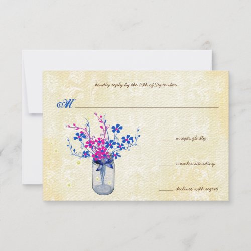 Parchment Pink and Navy Wild Flower Mason Jar RSVP Card