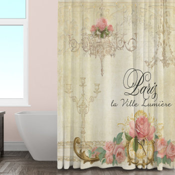 Parchment Romance Roses Paris Parisian Chandelier Shower Curtain by AudreyJeanne at Zazzle