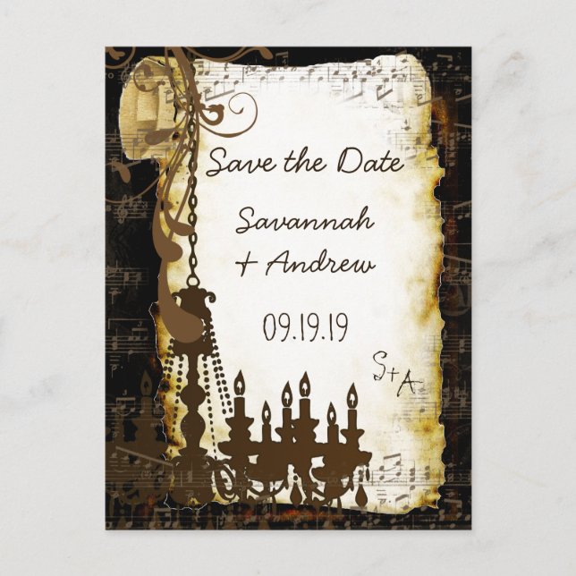 Parchment Scroll Chandelier Save the Date Announcement Postcard (Front)