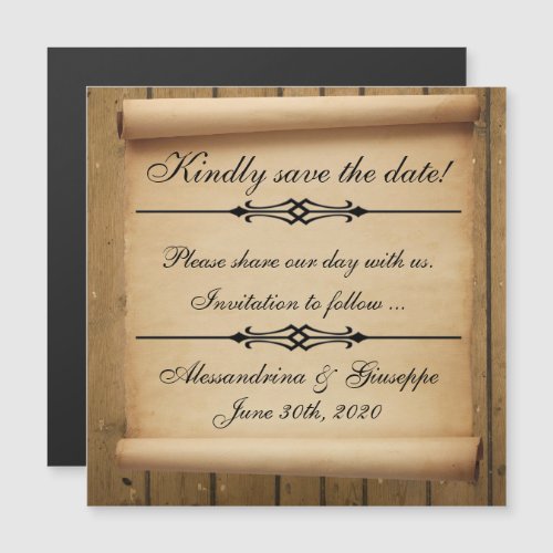 Parchment Scroll Save The Date on Wood Effect Magnetic Invitation