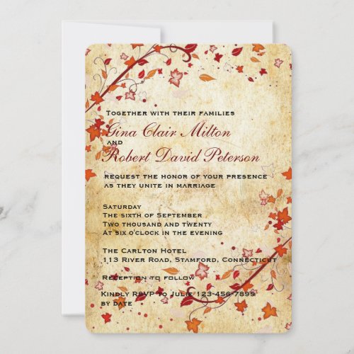 Parchment Swirls Maple Leaves Vintage Fall Wedding Invitation