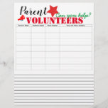 Parent Volunteers Sign up Letterhead<br><div class="desc">Parent Volunteers Sign up Sheet with red star</div>