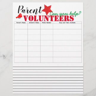 Parent Volunteers Sign up Letterhead