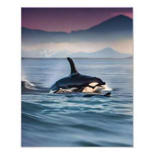 Parental Bliss: Mommy And Baby Orcas In The Ocean, Photo Print