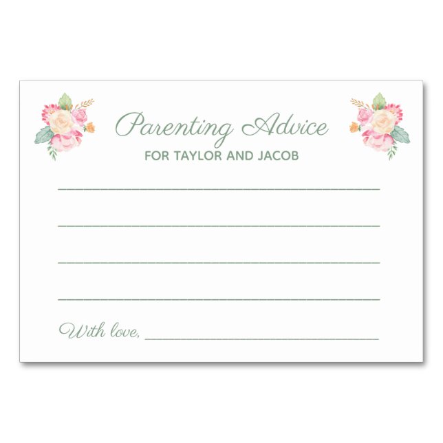 Parenting Advice Floral Watercolor Baby Shower Table Number (Front)