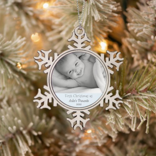Parents 1st Christmas Baby Boy Son Name Photo Snowflake Pewter Christmas Ornament