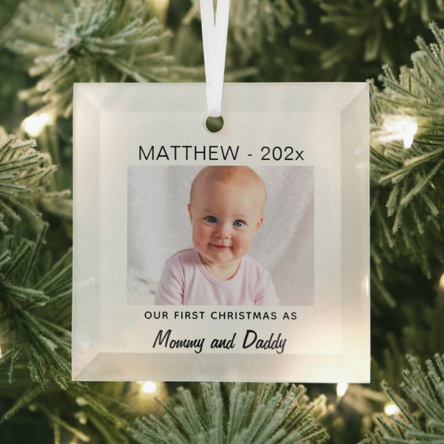 Parent's 1st Christmas, Baby Photo Keepsake Glass Ornament (Insitu)
