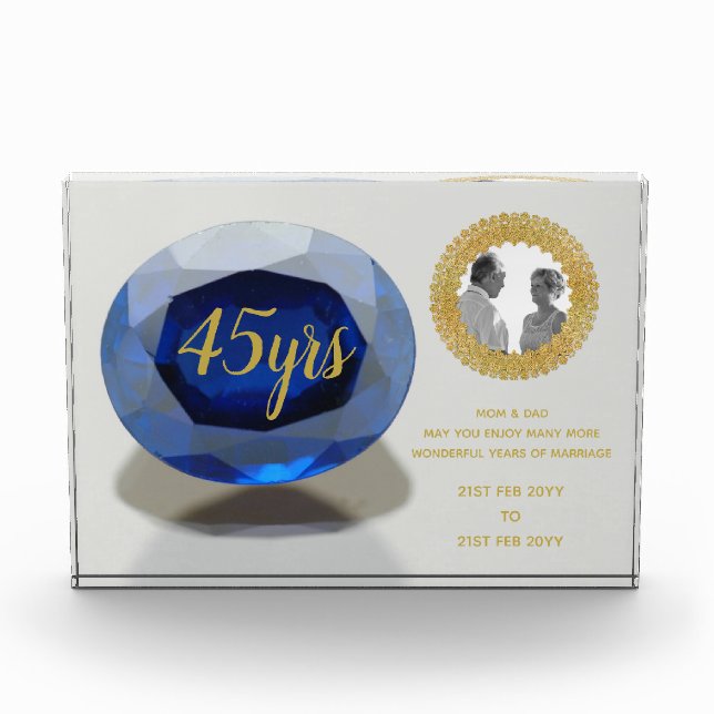 Parents 45th Wedding Anniversary Sapphire PHOTO Acrylic Award (Front)