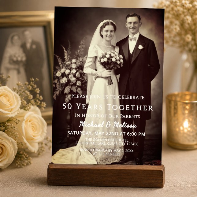Parents 50 Years Together Photo Invitation (Elegant 50th anniversary invite with vintage photo, perfect for honoring your parents’ love story)