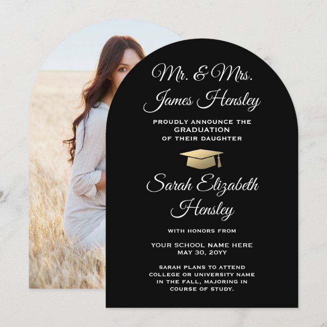 Parents Black & Gold Photo Graduation Announcement (Front/Back)