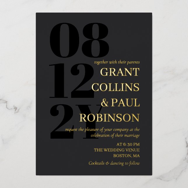 Parents Hosting Black & Gold Typography Wedding Foil Invitation (Front)