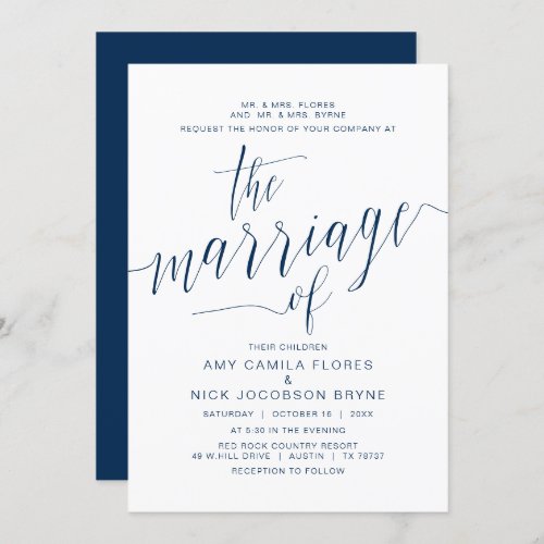 Parents hosting Navy Blue Calligraphy Marriage Invitation