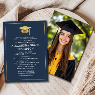 Parents Names Photo Navy Blue Gold Graduation Invitation