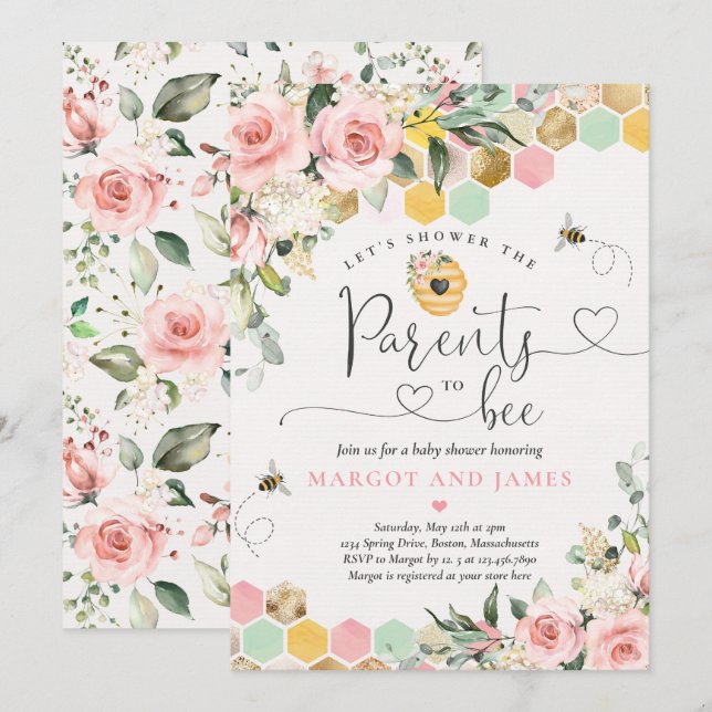 Parents To Bee Greenery Pink & Gold Baby Shower Invitation (Front/Back)