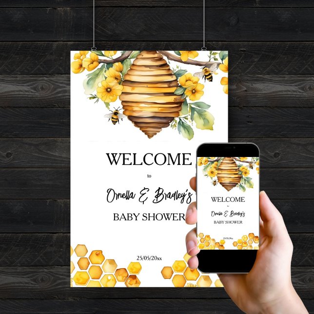 Parents to bee honey bee baby shower welcome sign (Parents to bee honey bee baby shower welcome sign editable template digital download beehive yellow)
