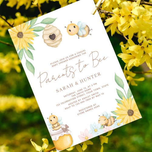 Parents to Bee Watercolor Bumblebee Baby Shower Invitation