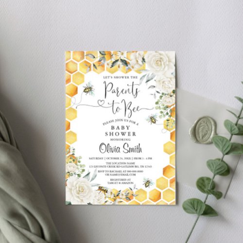 Parents to Bee White Floral Baby Shower Invitation