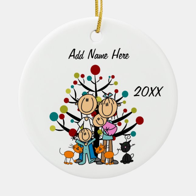 Parents, Two Children, Three Cats Ornament (Front)