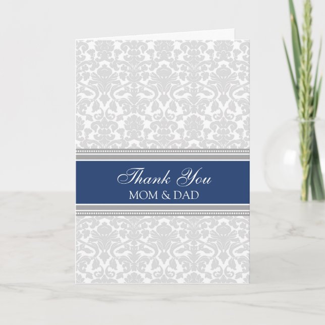 Parents Wedding Day Thank You Blue Gray Damask (Front)