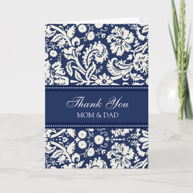 Parents Wedding Day Thank You Coral Blue Damask Card (Front)