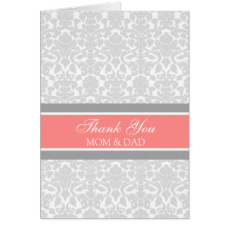 Parents Wedding Day Thank You Coral Gray Damask Card