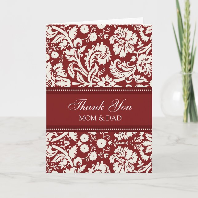 Parents Wedding Day Thank You Coral Red Damask Card (Front)