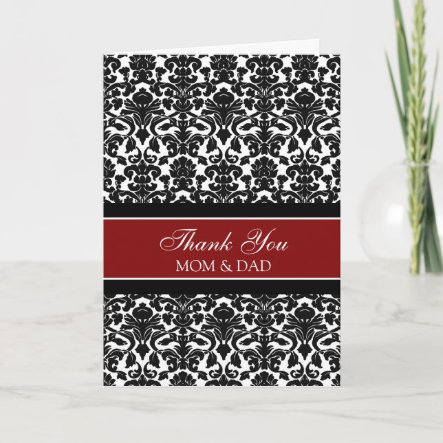 Parents Wedding Day Thank You Coral Red Damask Card (Front)