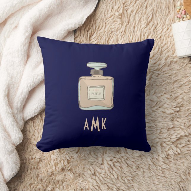 Parfum Bottle Illustration With Monogram Initials Throw Pillow (Blanket)
