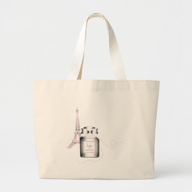 Parfum Bottle with Eiffel Tower and Rope Large Tote Bag (Front)