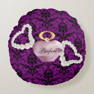 Parfum & Pearls Purple 3 Damask Round Pillow