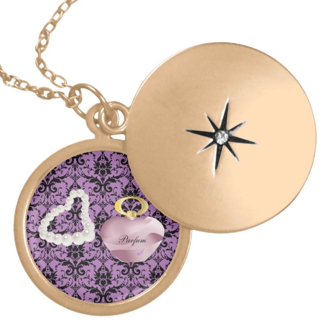 Parfum & Pearls Purple Damask Gold Round Locket (Front)