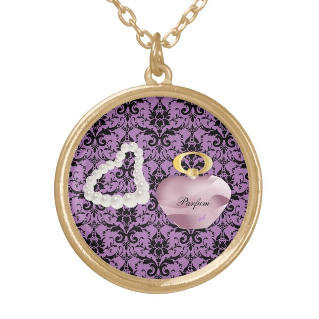 Parfum & Pearls Purple Damask Gold Round Necklace (Front)