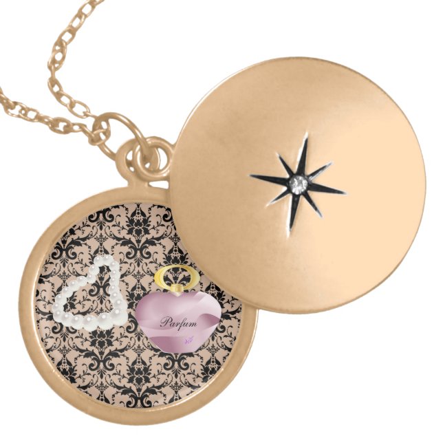 Parfum & Pearls Taupe Damask Gold Round Locket (Front)