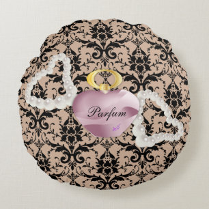 Parfum & Pearls Taupe Damask Round Pillow