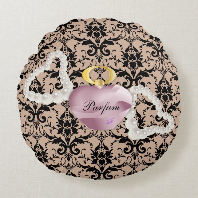Parfum & Pearls Taupe Damask Round Pillow (Front)