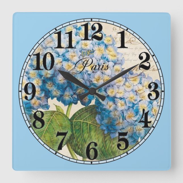 Paris and Blue Flowers Square Wall Clock (Front)