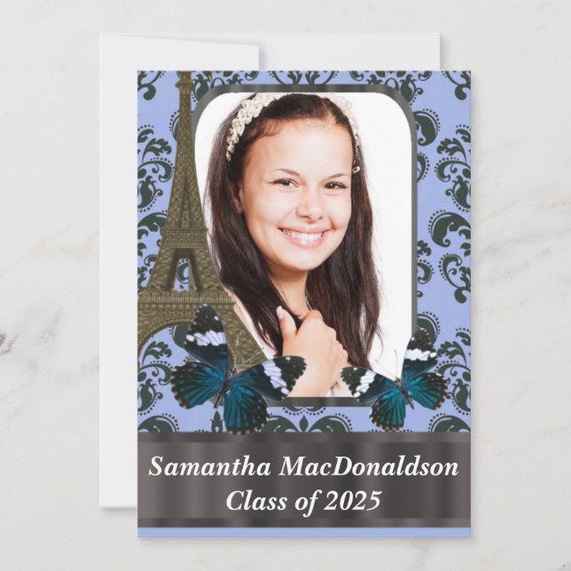 Paris and butterflies photo graduation invitation (Front)