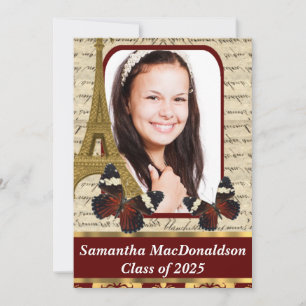 Paris and butterflies photo graduation invitation