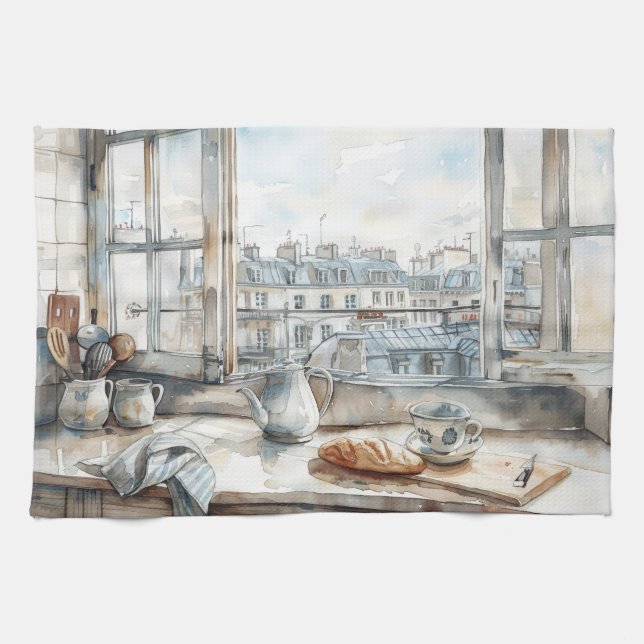Paris Apartment Kitchen Watercolor with Rooftop Vi Towel (Horizontal)