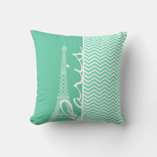 Paris; Aquamarine Chevron Throw Pillow (Front)