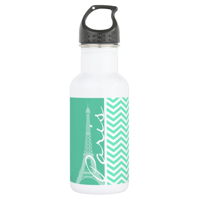 Paris; Aquamarine Chevron Water Bottle (Front)