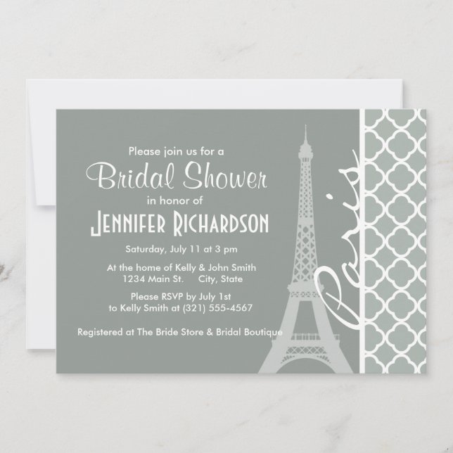 Paris; Ash Gray Moroccan Quatrefoil Invitation (Front)